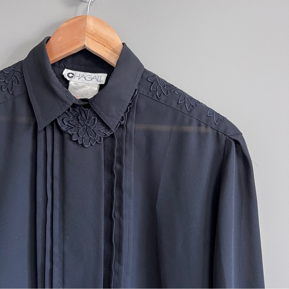 Vintage Chagall Black Sheer Pin-Tuck Blouse with Embroidered Yoke - Picture 3 of 7